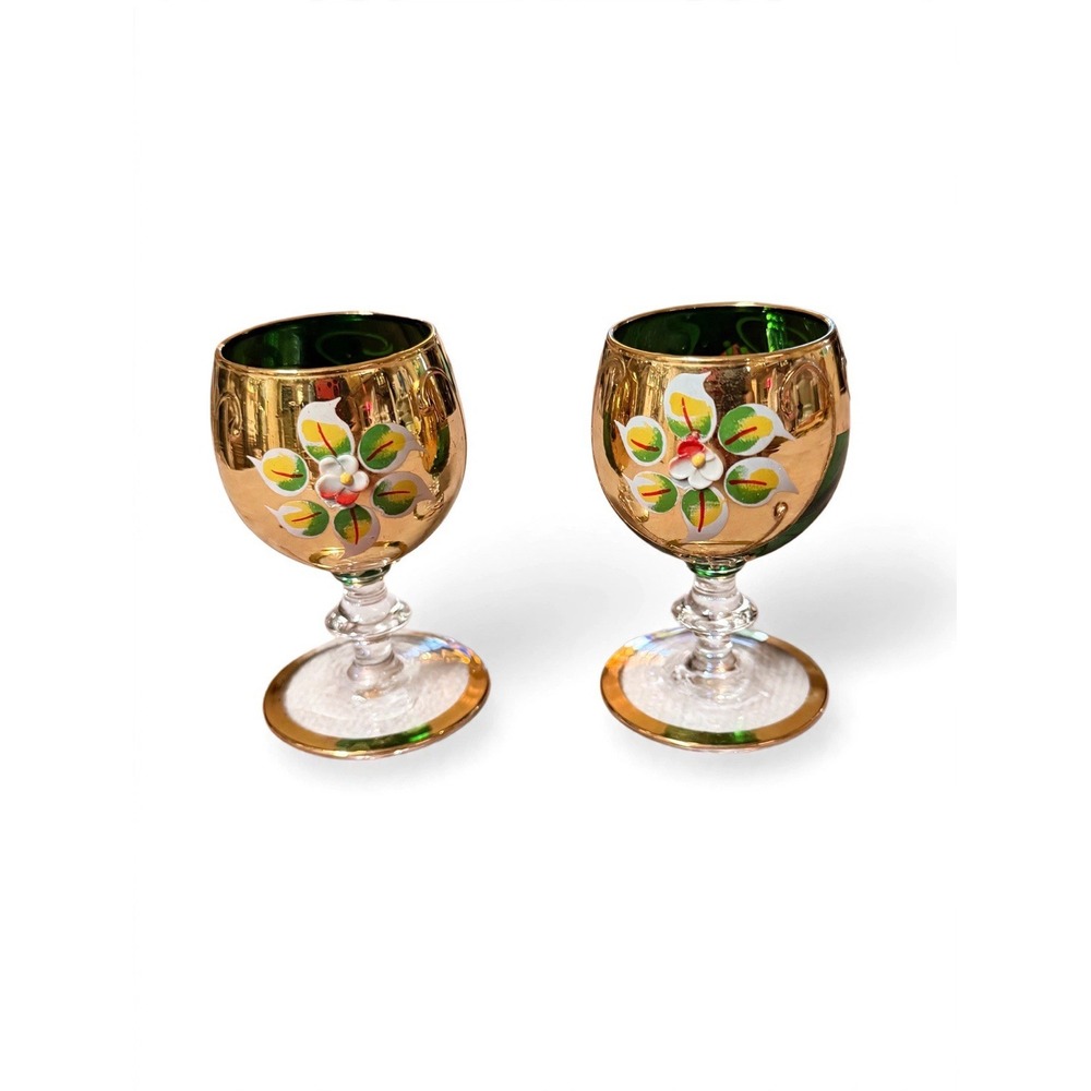 Vintage Murano Emerald Green Glasses Gold Guilded Set Of 2, Salvador Tre Fouchi